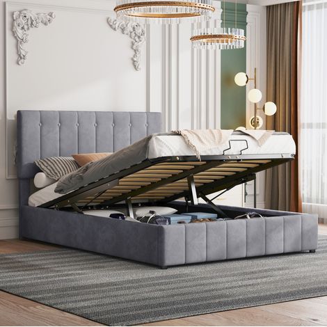 Lit coffre rembourré en velours gris 140x200 cm, tête de lit réglable et sommier à lattes inclus (1/5)