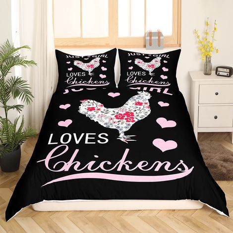 Parure de lit Motif floral et poulet 135 x 200 cm Housse de couette Motif animaux de ferme rustique Pour fille, enfant, adolescent Décoration florale colorée Poule Housse (1/5)