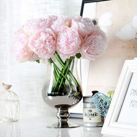 Lote de 2 ramos de peonías artificiales rosa claro – 10 flores de seda – Decoración elegante para bodas y oficina – Tallos flexibles de PU (1/5)