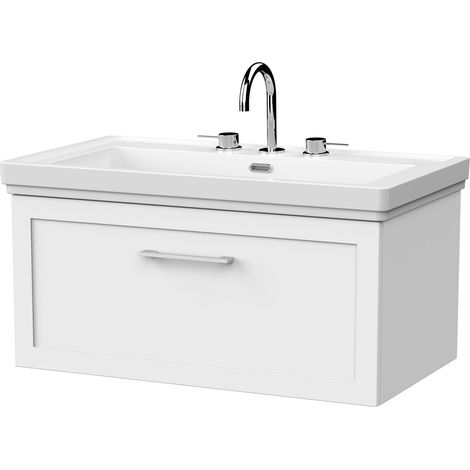 Stonnall Traditional Wall Hung 1 Drawer Vanity Unit with Traditional 3 Tap Hole Fireclay Basin, 800mm, Matt White (1/4)