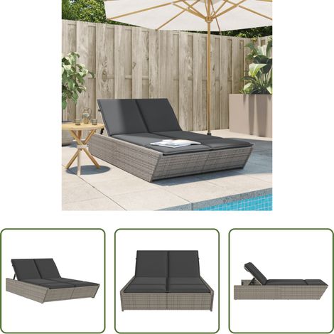 Gartenmöbel - Doppel-Sonnenliege mit Kissen Grau Poly Rattan (1/5)