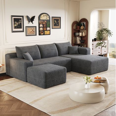 Sofá modular (241x151x58 cm), sin montaje, asiento profundo, tejido de pana, gris oscuro (1/5)