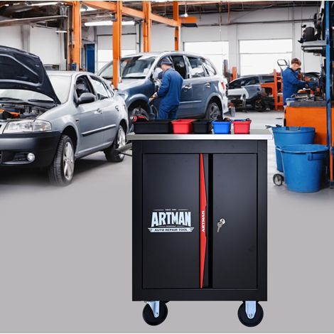 Servante d'atelier à 2 portes avec roulettes, verrouillable, acier noir et rouge DESVIAE (1/5)