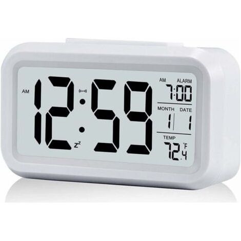 Reloj despertador digital silencioso a pilas para niños y adultos, pantalla LED grande, indicador de temperatura, calendario (blanco) (1/5)