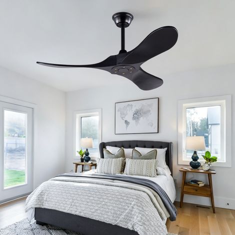Ventilateur de plafond sans lumière, Moteur DC silencieux avec télécommande et fonction mémoire, Bois massif paulownia 3 pales moderne 106 cm, Noir (1/5)
