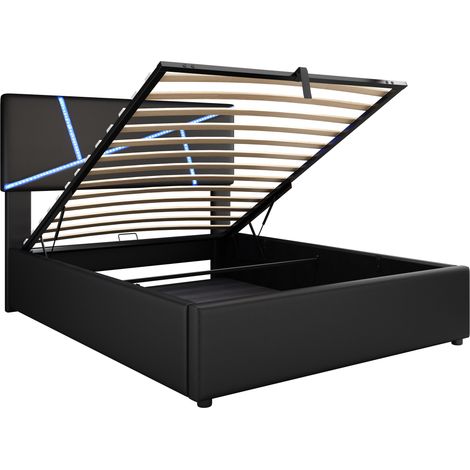 Lit capitonné confortable avec bandes lumineuses LED, 90200 cm, lit double avec sommier à lattes, tête de lit, lit fonctionnel hydraulique, cuir synthétique, noir (1/5)