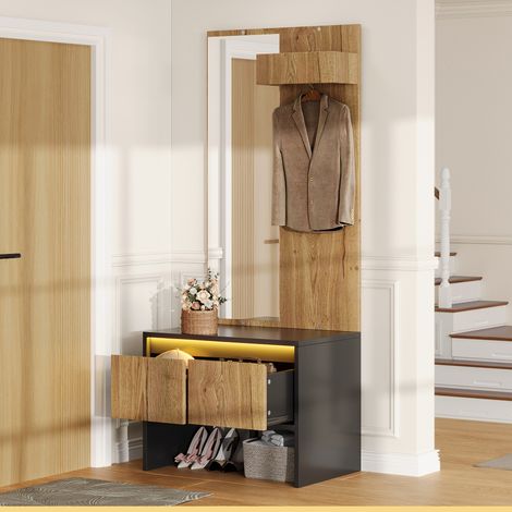 Tkopy - Ensemble de meubles, Ensemble de rangement pour l'entrée, porte-manteaux mural, avec des crochets, un miroir, un tabouret à chaussures et des tiroirs, éclairage LED, 60x38x140 cm, Naturel (1/5)