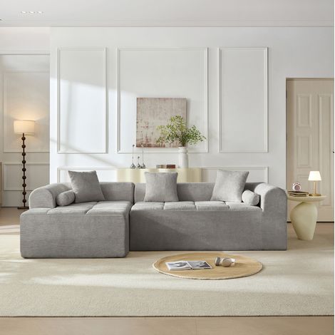 Sofá esquinero de chenilla gris claro 263 x 132,5 x 68 cm con bolsillo para revistas DESVIAE (1/5)