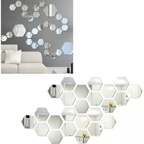 Pegatinas decorativas hexagonales de espejo de acrílico, 24 piezas, 10 x 8,5 cm, para salón y dormitorio, adhesivo removible (1/5)