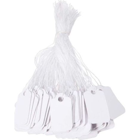 Packung mit 500 weißen Preisschildern mit Schnur für Kleidung, Schmuck, Ringe – 23 x 13 mm