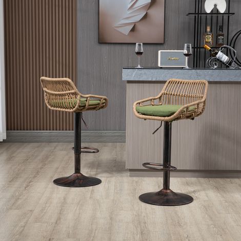 Set mit 2 Barhockern/Barstühlen,48x48x109cm,gewebte Rückenlehne, höhenverstellbare, drehbare Fußstütze, Vintage-Modern-Grün