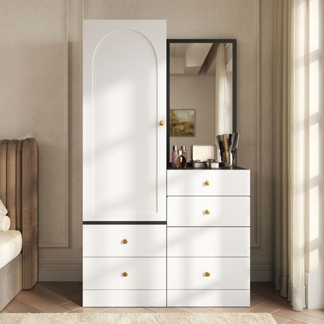 Armoire et coiffeuse 90x50.5x160cm avec miroir pleine longueur, tabouret escamotable,6 compartiments et 3 tiroirs,MDF,blanc et noir (1/5)