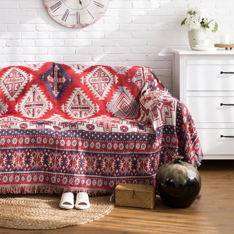 Plaid/tapis/couverture double face en coton tissé avec pompons décoratifs pour canapé/lit (2) (1/5)