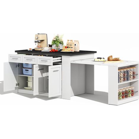 Isla de cocina con mesa extraíble 150x90x90 cm MDF blanco efecto mármol HOMVRA (1/5)
