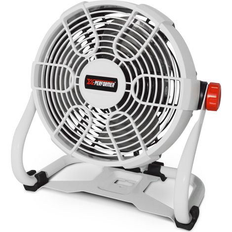 Ventilateur rechargeable 20V orientable 360° – 2 vitesses 1700/2600 t/min – Débit d'air max 25.88M³/min – Fonctionne sur batterie ou allume-cigares – X-Performer
