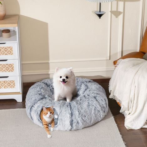 Tunnel chat intérieur lit donut coussin circulaire lavable 90x80x27 cm gris clair, paradis du jeu et du repos (1/5)