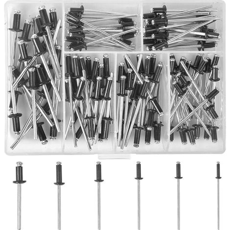 YMYNY - 120 remaches ciegos de aluminio, kit de remaches ciegos negros, remaches metálicos con estuche para muebles, para remachadoras manuales eléctricas, M2.4/M3.0/M3.2 (1/4)