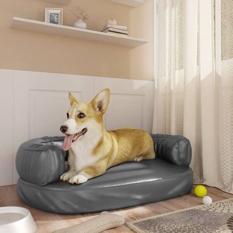 Panier ergonomique pour chien, en mousse, gris, 60x42 cm, revêtement en similicuir.