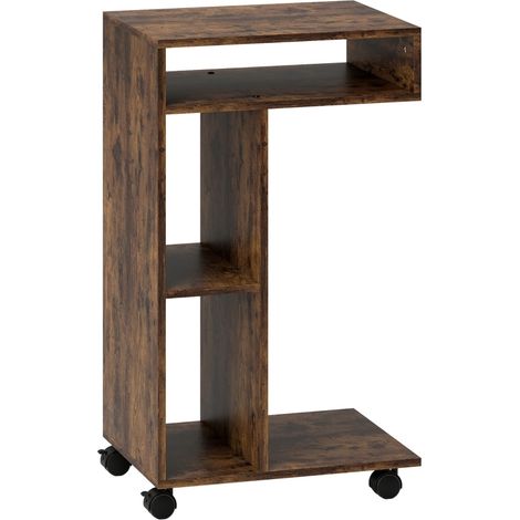 Tavolino laterale a C con ruote, 3 scomparti, 40 x 30 x 69 cm, marrone rustico (1/5)
