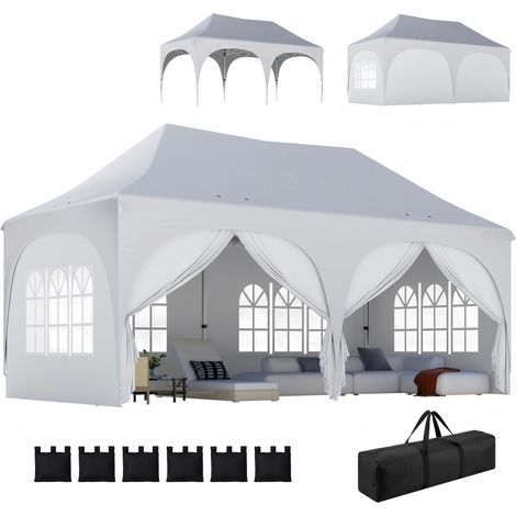 Tonnelle pliante barnum imperméable anti-UV 6 parois latérales 6 sacs de sable 12 trous de drainage 3x6m blanc