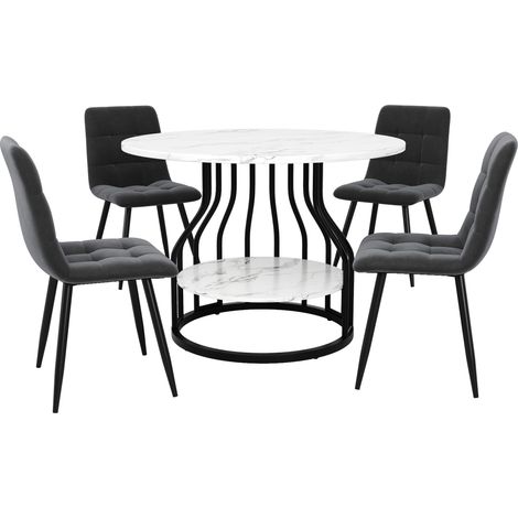 Ensemble repas 5 pièces, table ronde de 80 cm effet marbre avec 4 chaises en velours gris et structure en métal noir (1/5)