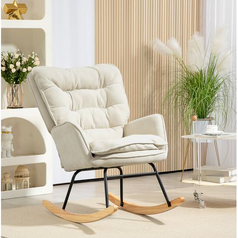 Sedia a dondolo 71x98.5x97 cm beige in poliestere effetto ciniglia con schienale ergonomico (1/5)
