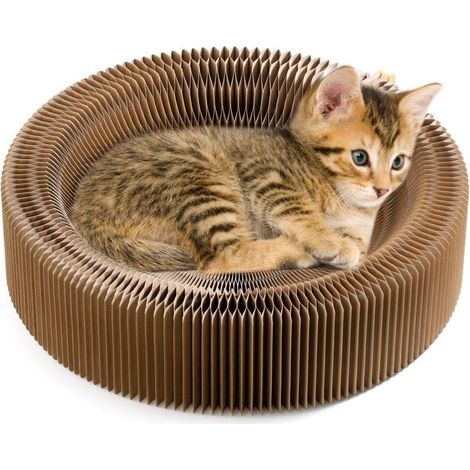 Irovami Maison à chat pliable en carton ondulé, griffoir et couchage ronds, couleur marron (1/5)