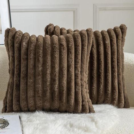 Set mit 2 gestreiften Kissenbezügen aus Kunstfell-Samt, 40 x 40 cm, für Wohnzimmer, Schlafzimmer, Sofa (1/5)