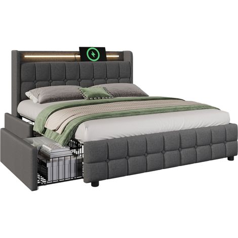 Lit double 140x200cm avec tête de lit lumineuse LED, coffre intégré et 4 tiroirs, sommier à lattes en bois, recharge USB sur la tête, gris (sans matelas) (1/5)