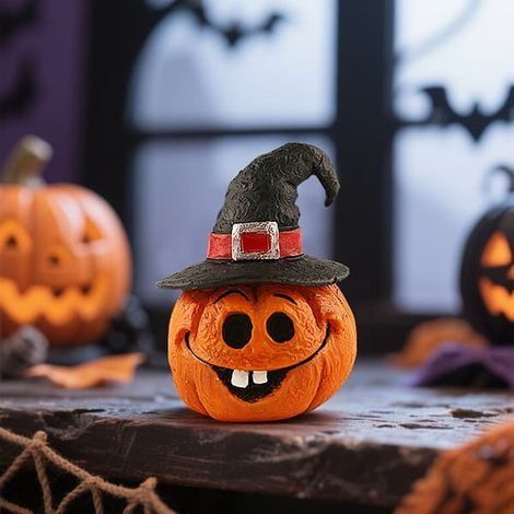 Figurine rotative en résine représentant une tête de citrouille fantôme pour Halloween, ornement décoratif à la fois effrayant et mignon avec base rotative, 5 styles de tête de citrouille (1/5)