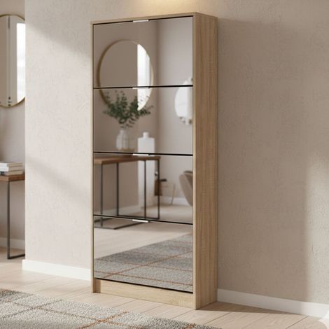 Zapatero Pentone, Mueble para Zapatos, 8 Estantes, 8 Espacios, 4 Puertas, 67x28x155.5h cm Roble Marrón (1/5)