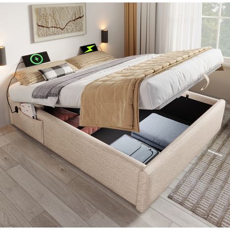 Bett mit Stauraum 160x200 cm modern in Leinen Beige/Natur, mit USB-C, hydraulischem Bettkasten und Vollholz-Bettboden (1/5)