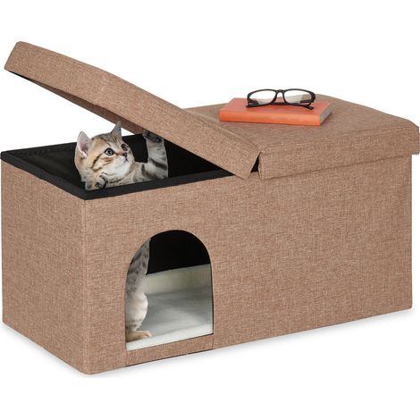 Relaxdays Casa Gato Rectangular 2en1, Cueva Gatito con Banco, Escondite Mascota Plegable, 38,5x74,5x37 cm, Marrón Claro