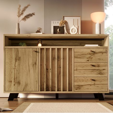 FLORAGRACE Buffet de rangement à 3 tiroirs et 2 portes avec niche ouverte, salle à manger et entrée, en bois brun foncé 120 x 40 x 85 cm (1/5)