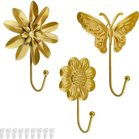 Ganci da parete dorati, set da 3 pezzi a forma di fiore e farfalla, decorazioni murali vintage, ganci per porte per camera da letto, cucina, soggiorno (1/5)