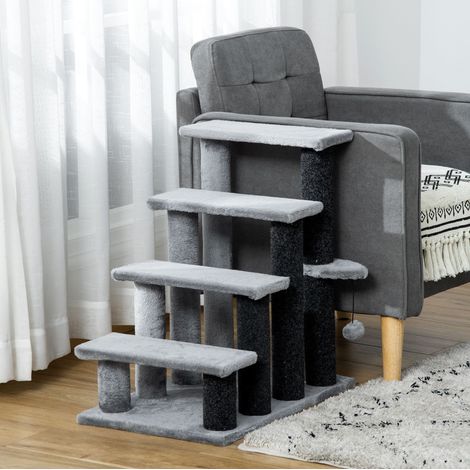 Escalier pour chat 64 cm avec plateforme et balle, en jute et peluche, gris DESVIAE (1/5)