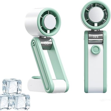 Faltbarer tragbarer Ventilator, 3 in 1 (tragbar, mit Nackenband, für den Tisch), Digitalanzeige, geeignet für Outdoor-Aktivitäten (Weiß-Grün). (1/4)