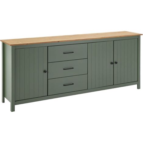 Altobuy – Buffet bas 3 portes 3 tiroirs en pin massif ciré vert – Dimensions 190 x 40 x H80cm – Style classique pour intérieur moderne (1/5)