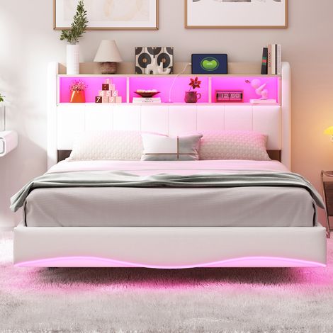 Lit suspendu design 140x200 cm en lin beige, sommier de rangement multifonction avec éclairage LED intégré, ports USB et Type-C