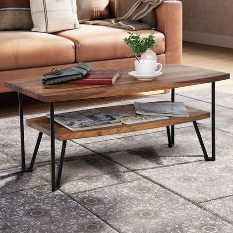 Table basse rectangulaire 90x50x40 cm en sheesham massif et fer