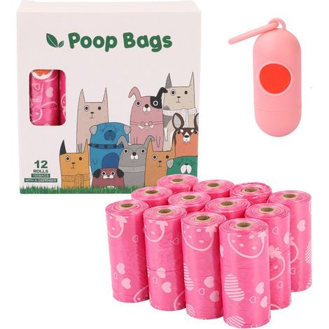 Rouleaux de sacs à déchets pour animaux - Sacs à déchets pour chiens et chiots (9 x 13 pouces, fraise rose) avec distributeur, écologiques, parfumés, anti-fuites, en plastique épais (1/4)