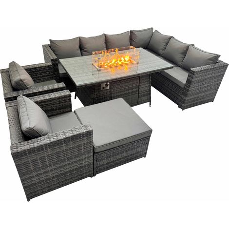 Fimous Garden Rattan Furniture Set 9 Seater Outdoor Corner Sofa 2 Chair Gas Firepit Dining Table Set with Big Stool Dark Grey (1/5)