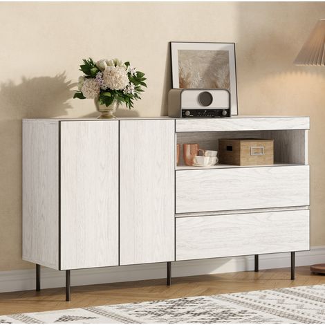 REDOM - Credenza 140x42x77 cm, ante e cassetti senza maniglie, ripiani a giorno, pannello rinforzato, truciolato bianco (1/5)