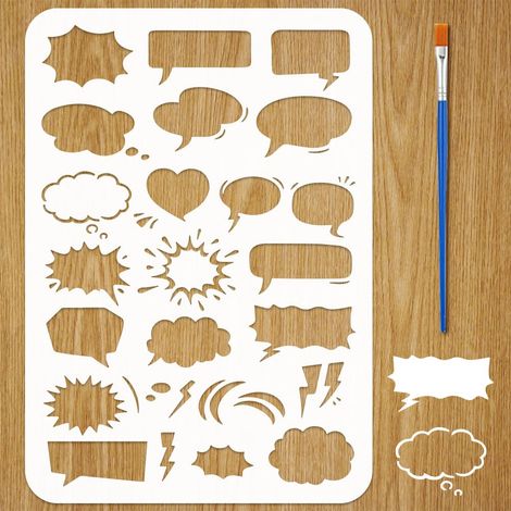 Pochoirs de Bulles de Dialogue de Bande Dessinée avec un Pinceau 29,7x21cm Pochoirs Bulle Discussion Pochoir Bulle Parole Gabarit Cartoon PET Thèmes Quotidiens PET pour Bois Sol Mur DIY (1/5)