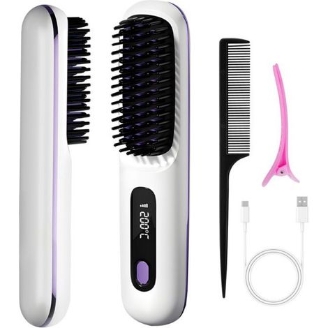 Brosse Lisser - Sans Fil - 3 Niveaux Température 160 180 200 °C - Batterie 2000 mAh - Rechargeable USB-C - Pour Cheveux Courts Moyens Longs Bouclés - 1 Pièce (1/5)