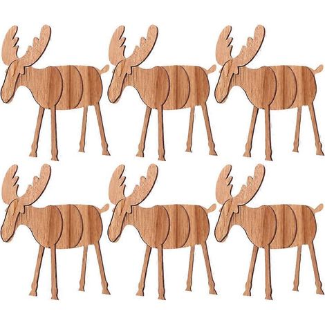 Lot de 6 décorations de Noël en bois en forme de cerf, à assembler soi-même. Décorations de bureau pour Noël.-15X14CM-Light Brown