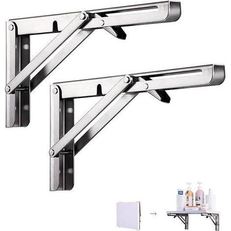 Pièces 250mm Équerre Pliante Étagère, Support Console Pliable En Acier Inoxydable Argent, Lourds Support Console Pliable Rétractable, Pour Garage, Cuisine, Chambre (1/5)