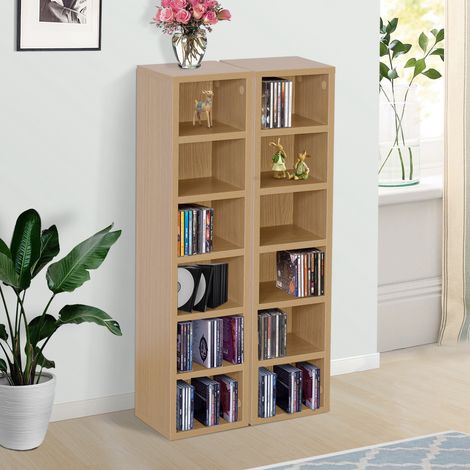Set di 2 scaffali a colonna, mobiletto per CD/DVD, 6 + 6 scomparti, dimensioni 21L x 19W x 88H cm, capacità massima 160 CD, colore faggio.