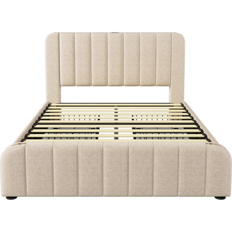 Cama matrimonial tapizada 140x200 cm con colchón, USB-C, 4 cajones, lino beige MODENUIT (1/5)