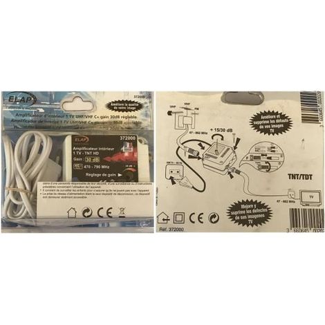 AMPLIFICATEUR INTERIEURE 1TV UHF/VHF/ C+ GAIN 30DB REGLABLE REF372000 ELAP HDME